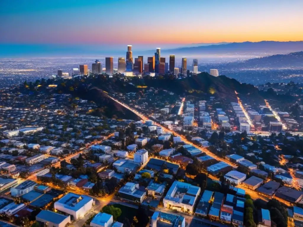 Vista aérea de Los Ángeles al anochecer, con su icónico skyline urbano iluminado por farolas