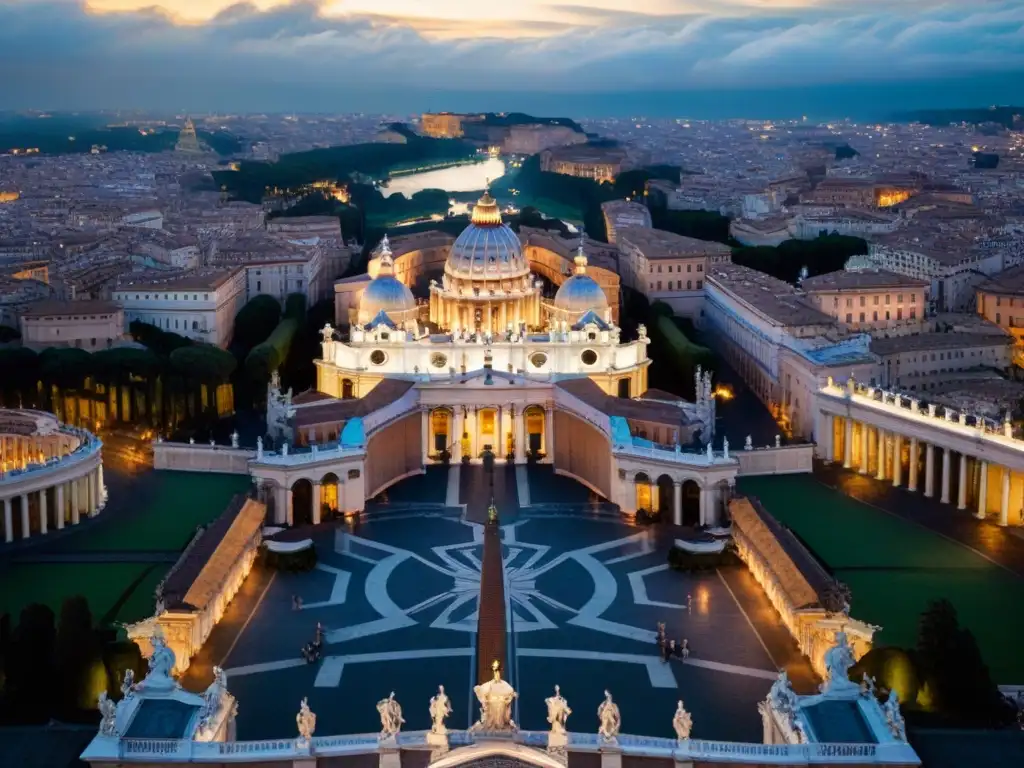 Vista aérea del Vaticano al atardecer con la Basílica de San Pedro iluminada