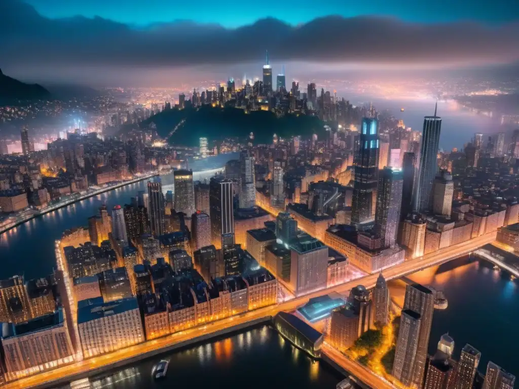 Vista aérea de la ciudad ficticia Gotham en la noche, con rascacielos iluminados y la Batiseñal brillando en el cielo