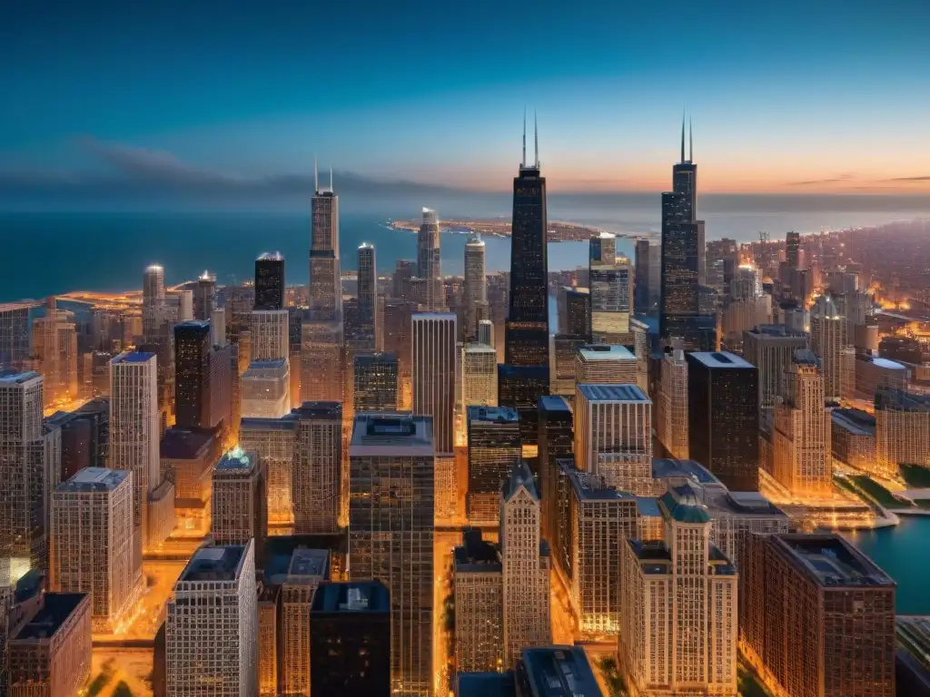 Vista aérea detallada de la arquitectura de Chicago de noche, evocando Gotham City de Batman Begins