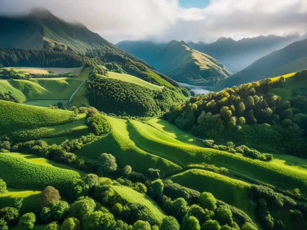 Vista aérea detallada de la exuberante naturaleza de Nueva Zelanda como escenario LOTR