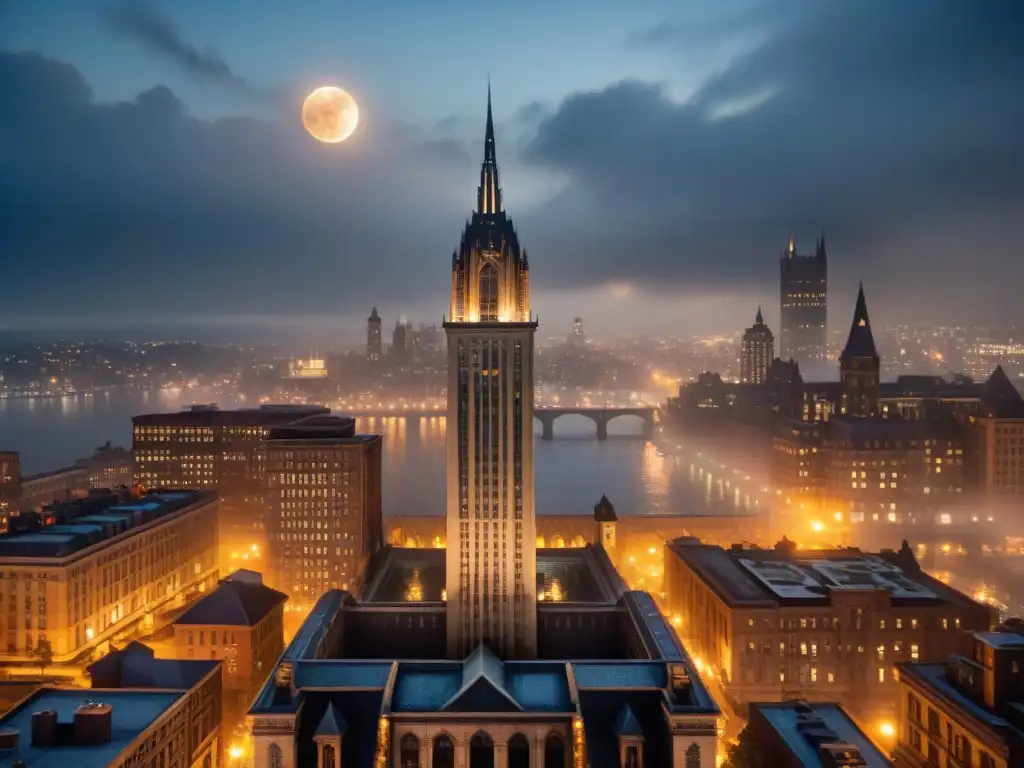 Vista aérea detallada de Gotham City, con sus rascacielos envueltos en niebla, el icónico Ayuntamiento en el centro y calles intrincadas y bulliciosas