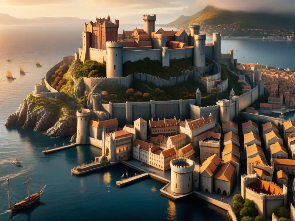 Vista aérea detallada de la imponente King's Landing de Juego de Tronos, resaltando el Red Keep y la Gran Septa de Baelor