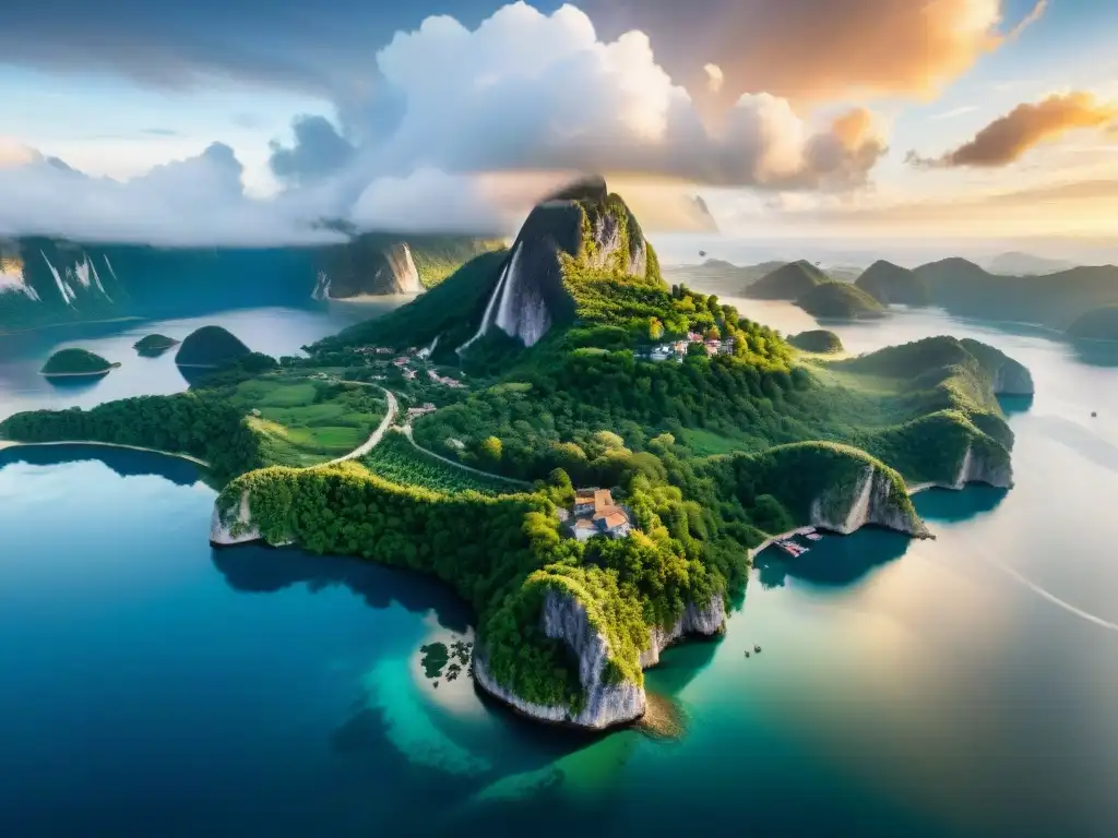 Una vista aérea detallada de la isla flotante de Laputa, con su arquitectura, vegetación exuberante, cascadas y puentes