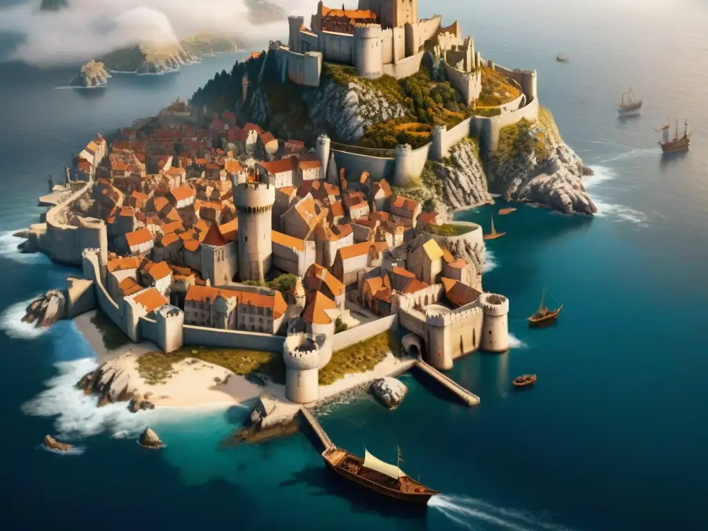 Una vista aérea detallada de King's Landing, destacando sus distritos, el Red Keep, el bullicioso puerto y las murallas