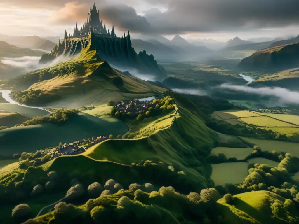 Épica vista aérea de Middle Earth: fortalezas, estrategias y paisajes Vista aérea detallada de MiddleEarth con estrategias bélicas en paisajes épicos
