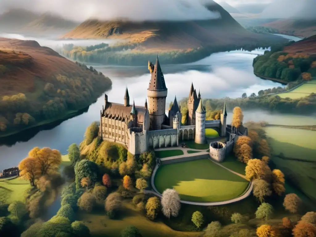 Vista aérea detallada de Hogwarts en las Tierras Altas de Escocia, mostrando el castillo, el campo de Quidditch y el Lago Negro