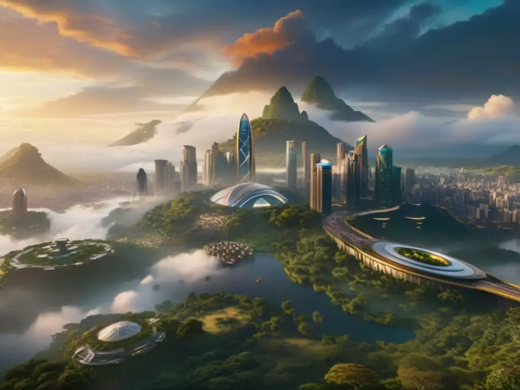 Una vista aérea detallada de Wakanda, donde la ciudad futurista se fusiona con paisajes naturales exuberantes