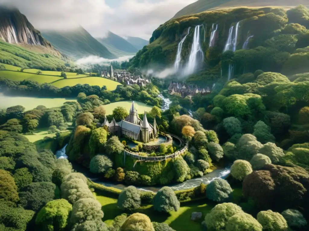 Vista aérea de Rivendell, ciudad élfica de Tolkien, rodeada de bosques y montañas nevadas