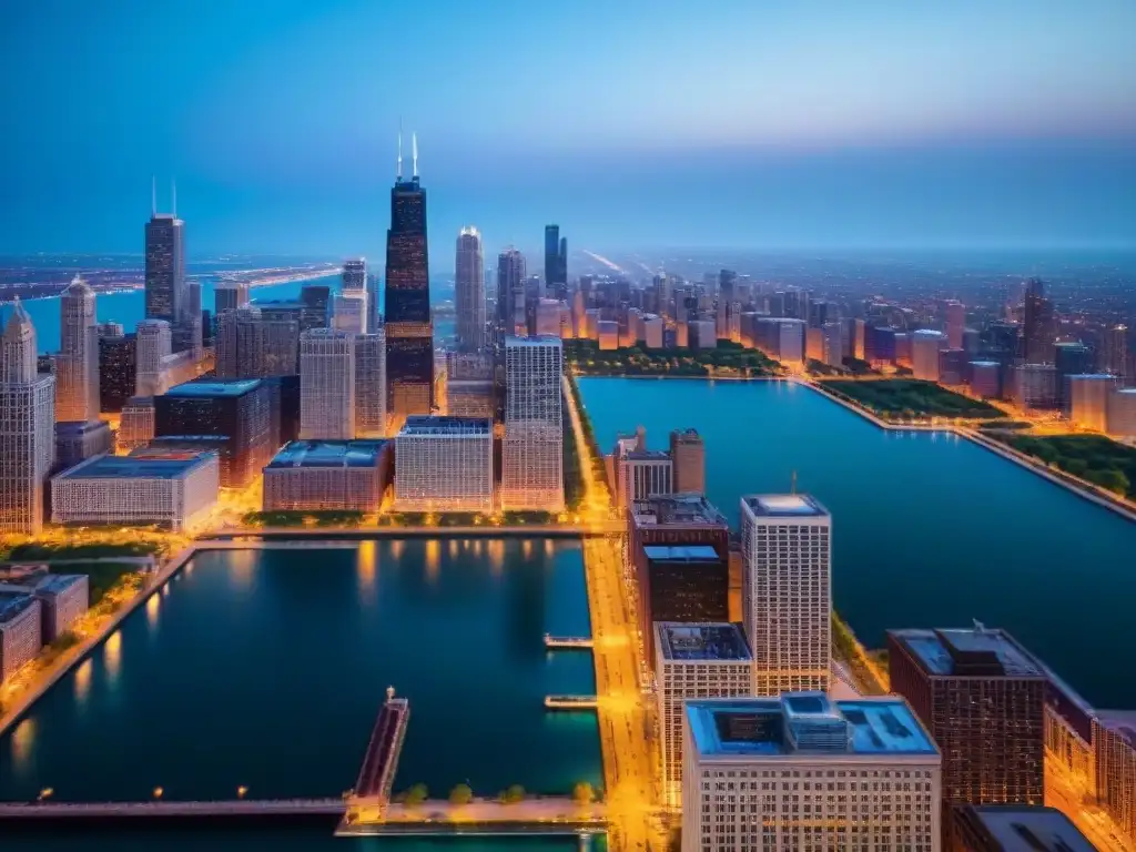 Vista aérea de Chicago al anochecer, con un filtro cinematográfico que le da un aura dramática y misteriosa