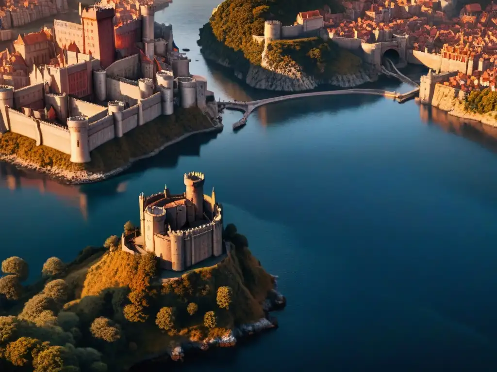 Vista aérea del imponente Castillo Rojo en King's Landing al atardecer, reflejando política y religión en Westeros