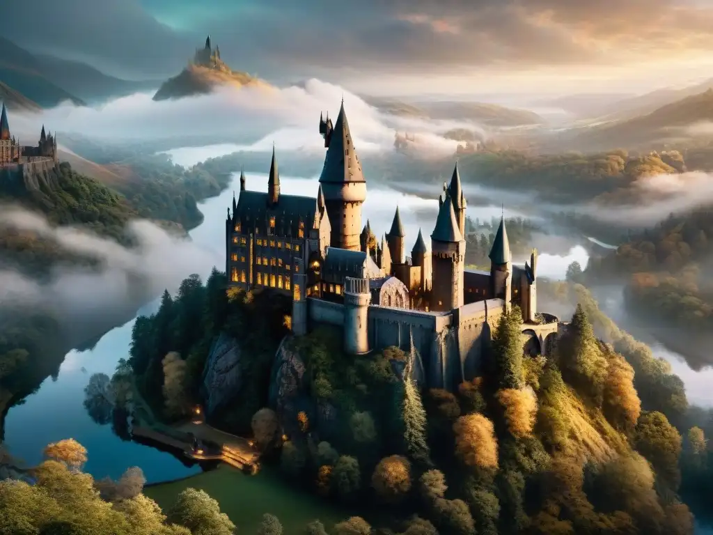 Vista aérea impresionante de Hogwarts al atardecer con la Geografía de Hogwarts y alrededores, bosque prohibido y lago negro