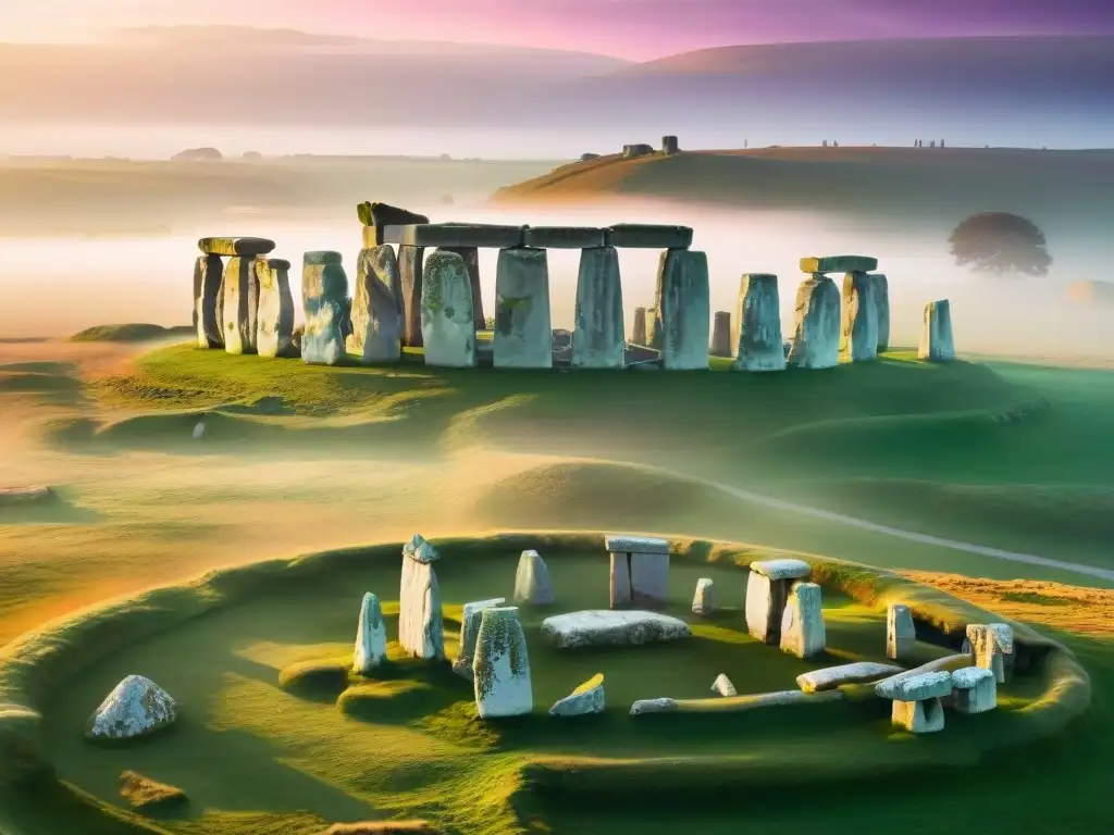 Majestuoso amanecer en Stonehenge: misterio celta Vista aérea impresionante de Stonehenge al amanecer, reflejando la influencia celta en arte moderno