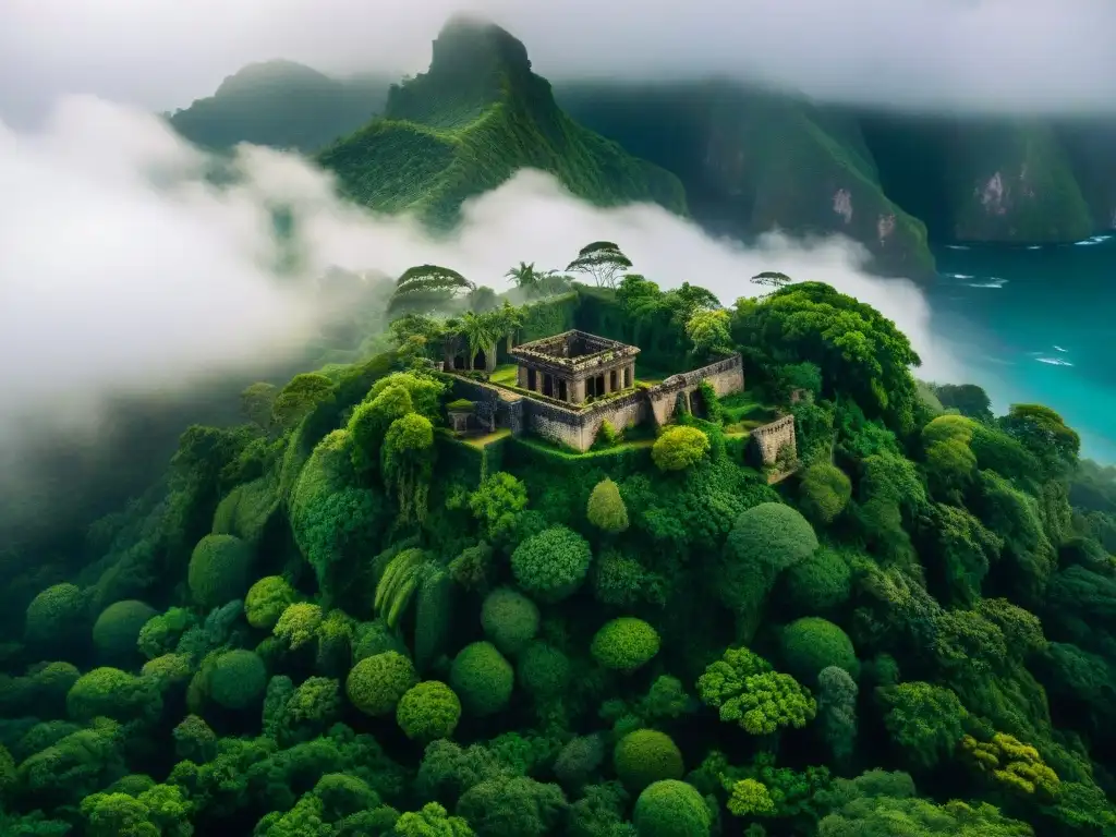 Vista aérea de una isla misteriosa y exuberante, con ruinas antiguas entre la densa vegetación, evocando el análisis de Lost isla misteriosa