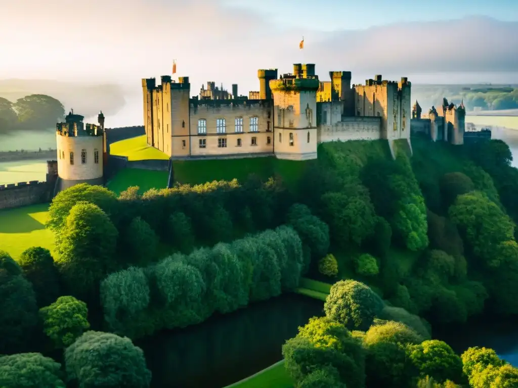 Vista aérea majestuosa del Castillo de Alnwick en Inglaterra, evocando la realeza y el poder de 'The Crown'