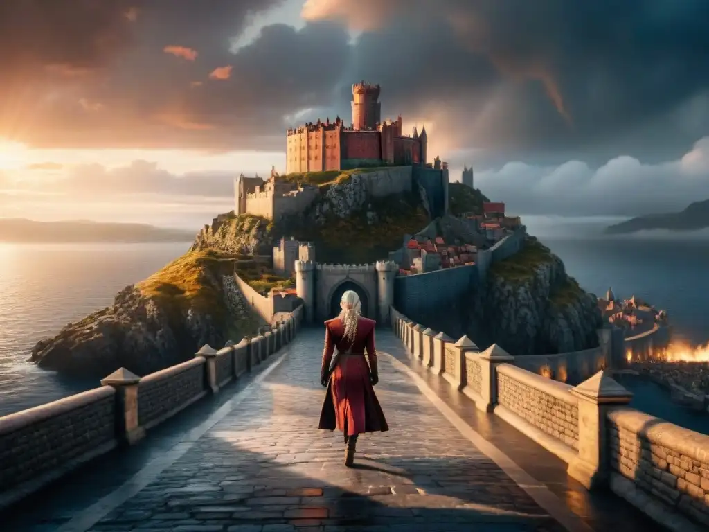 Vista aérea majestuosa de King's Landing, resaltando el Red Keep y la diversidad de personajes