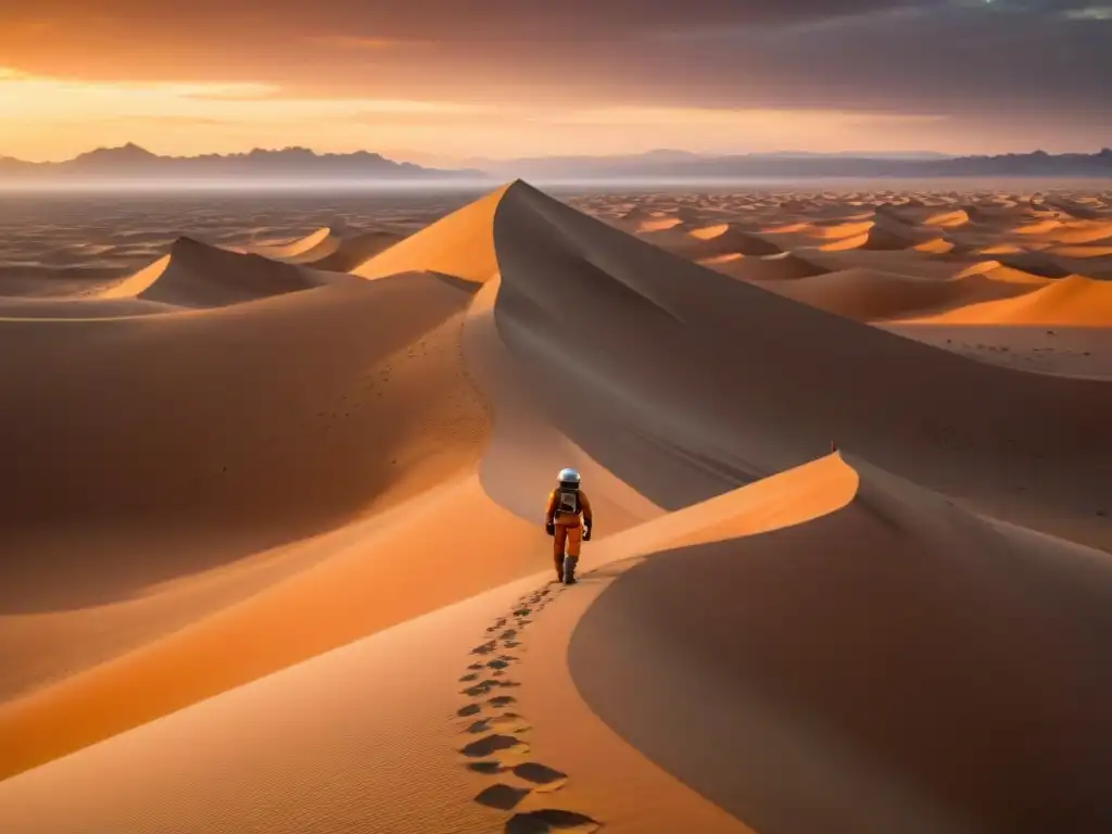 Vista aérea de Arrakis con minas de especia, maquinaria gigante y trabajadores en trajes, bajo un cielo naranja en Dune