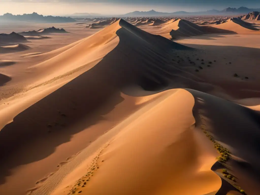 Vista aérea del vasto paisaje desértico de Arrakis bajo el sol ardiente, con dunas de arena, rocas y vegetación dispersa