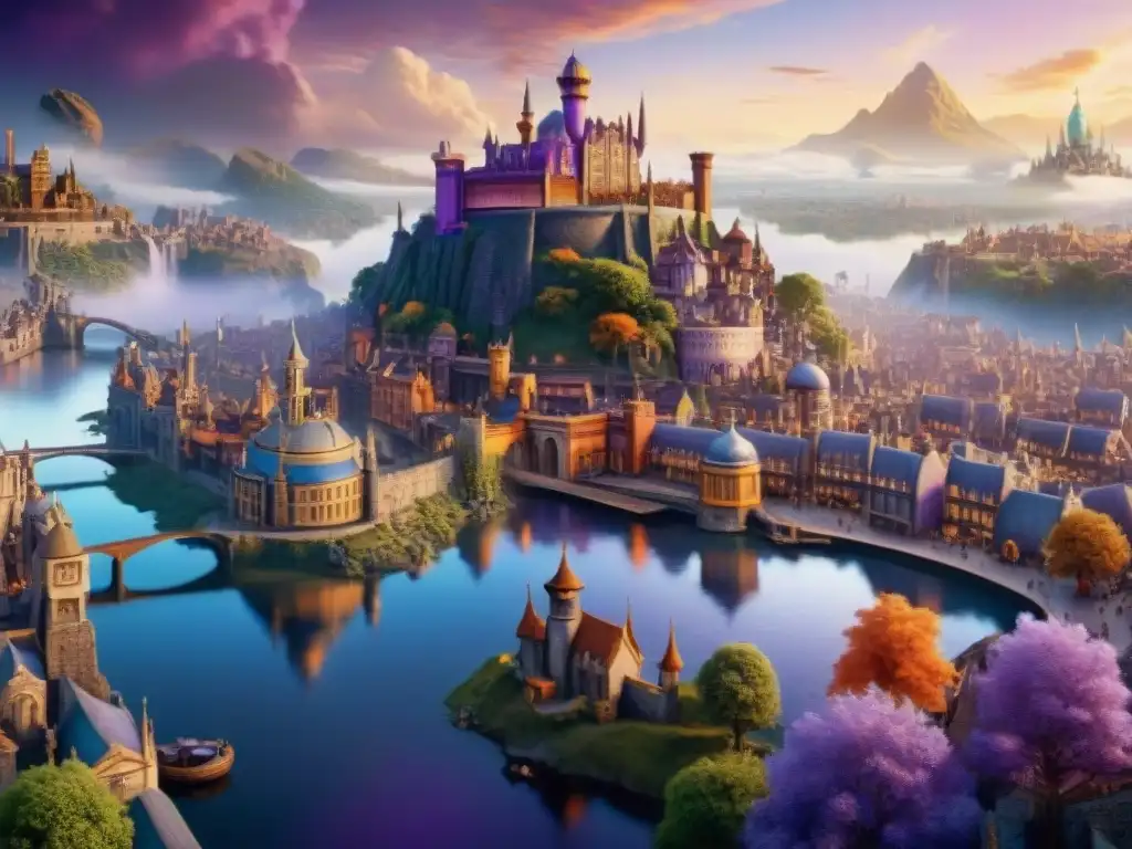 Vista cinematográfica de AnkhMorpork en Discworld con arquitectura fantástica y cielos mágicos