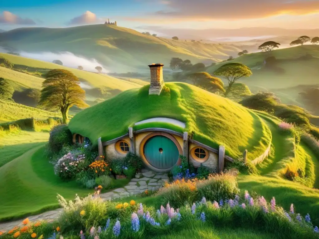 Vista cinematográfica de Hobbiton al atardecer con las icónicas puertas redondas de las casas de los hobbits