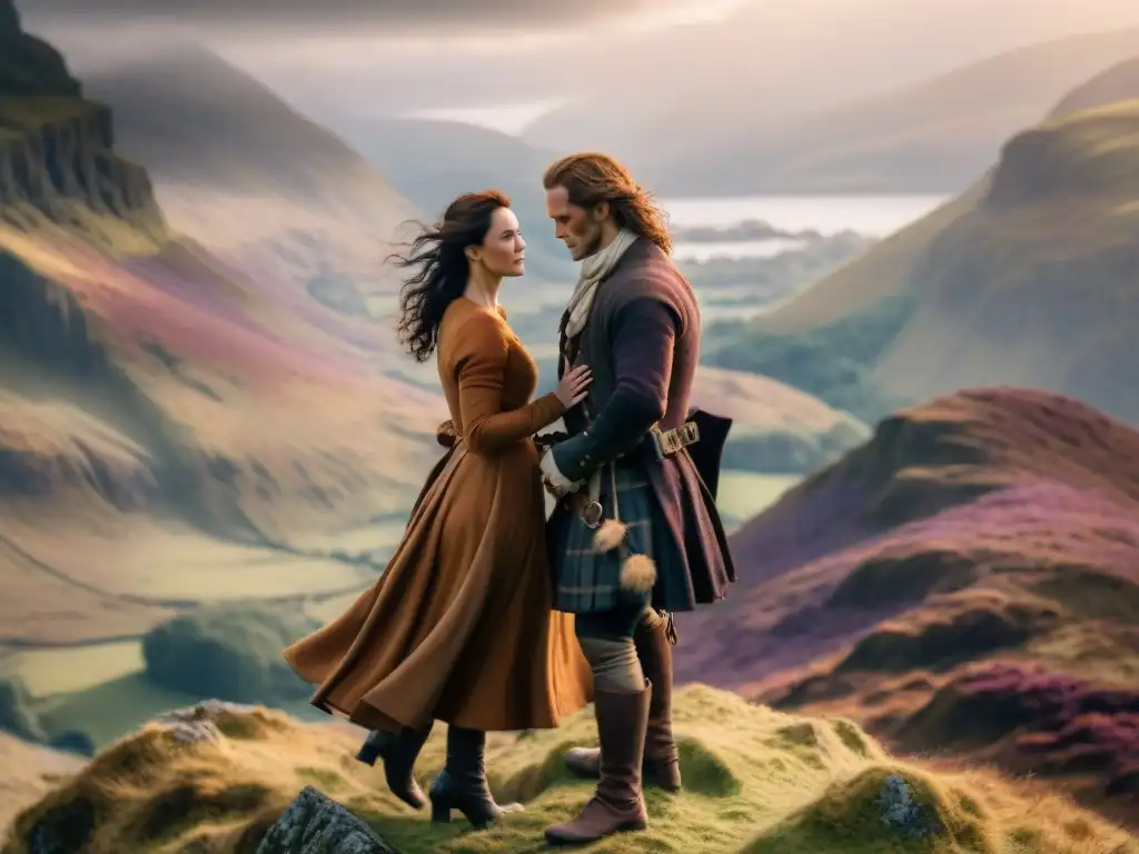 Una vista cinematográfica impresionante de Claire y Jamie de 'Outlander', en un acantilado en las Tierras Altas de Escocia al atardecer