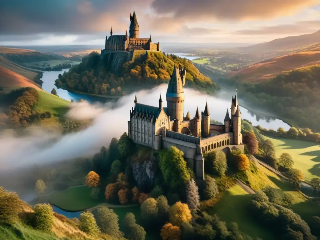 Vista cinematográfica de Hogwarts en las Tierras Altas de Escocia al atardecer