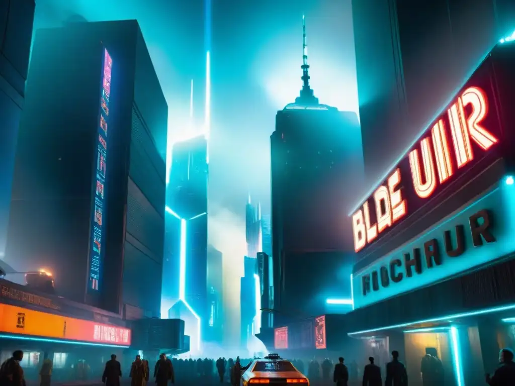 Vista detallada de la arquitectura futurista en Blade Runner: rascacielos, luces neón, coches voladores y atmósfera distópica