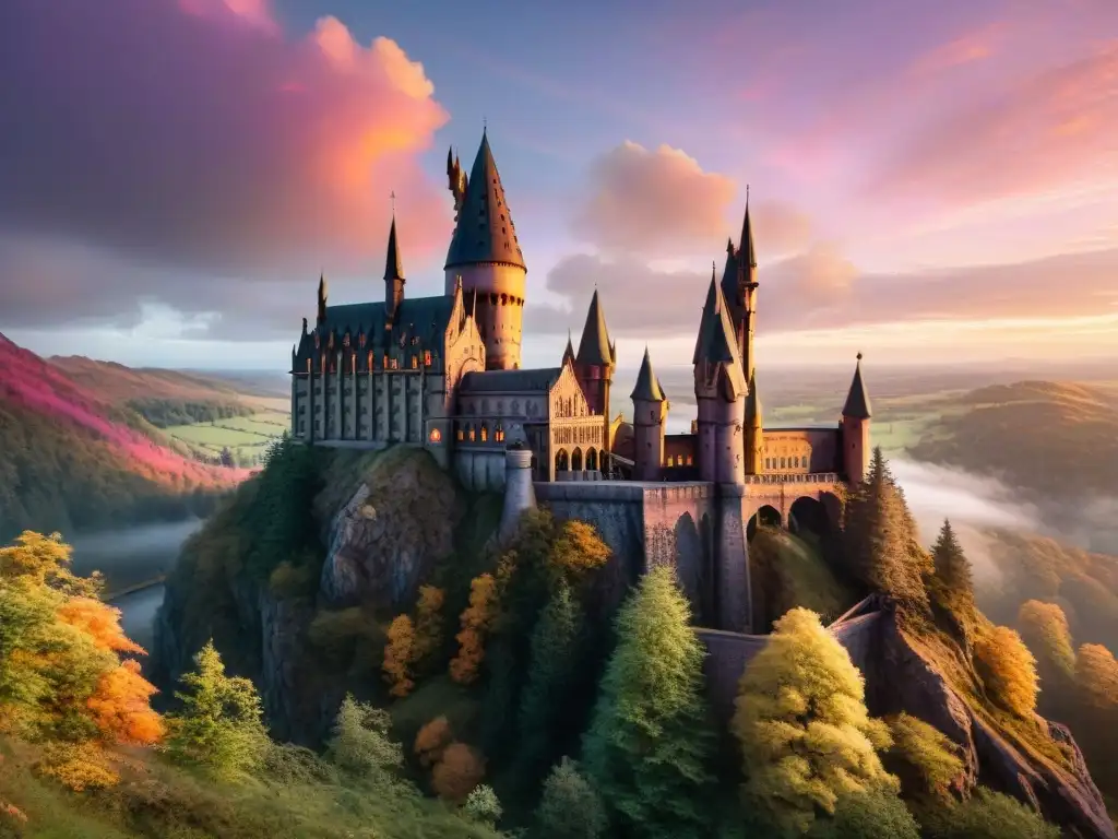 Vista detallada del Castillo de Hogwarts iluminado por el cálido atardecer, en un cielo púrpura con destellos de naranja y rosa