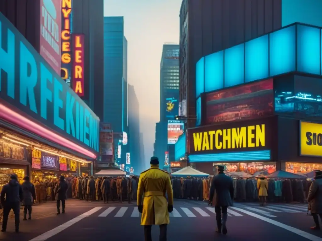 Vista detallada de la distopía Watchmen: comercio entre tecnología y decadencia urbana al anochecer