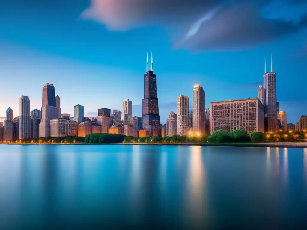 Vista detallada de la icónica ciudad de Chicago al anochecer, con las luces de la ciudad brillando sobre el lago Michigan