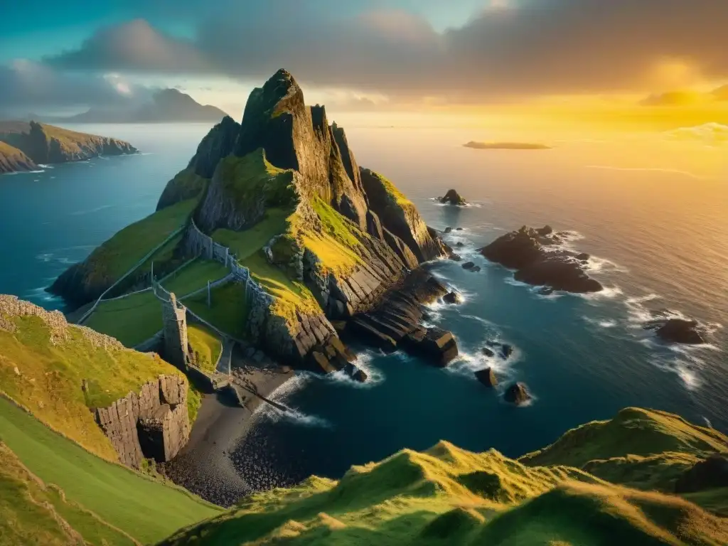 Vista detallada de la majestuosa isla de Skellig Michael en Irlanda con paisaje rocoso y estructuras antiguas, evocando mundos ficticios en Star Wars