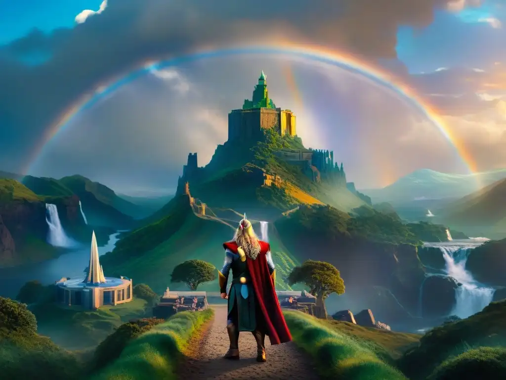 Vista detallada del majestuoso palacio de Asgard, bañado en luz dorada, con Bifrost en el fondo y guerreros asgardianos