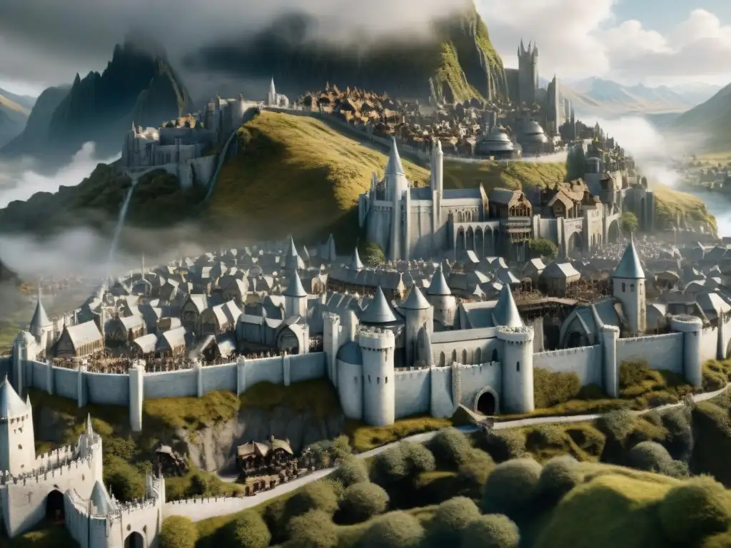 Vista detallada de Minas Tirith en 'El Señor de los Anillos', mostrando estrategias de gobernanza en la ciudad blanca