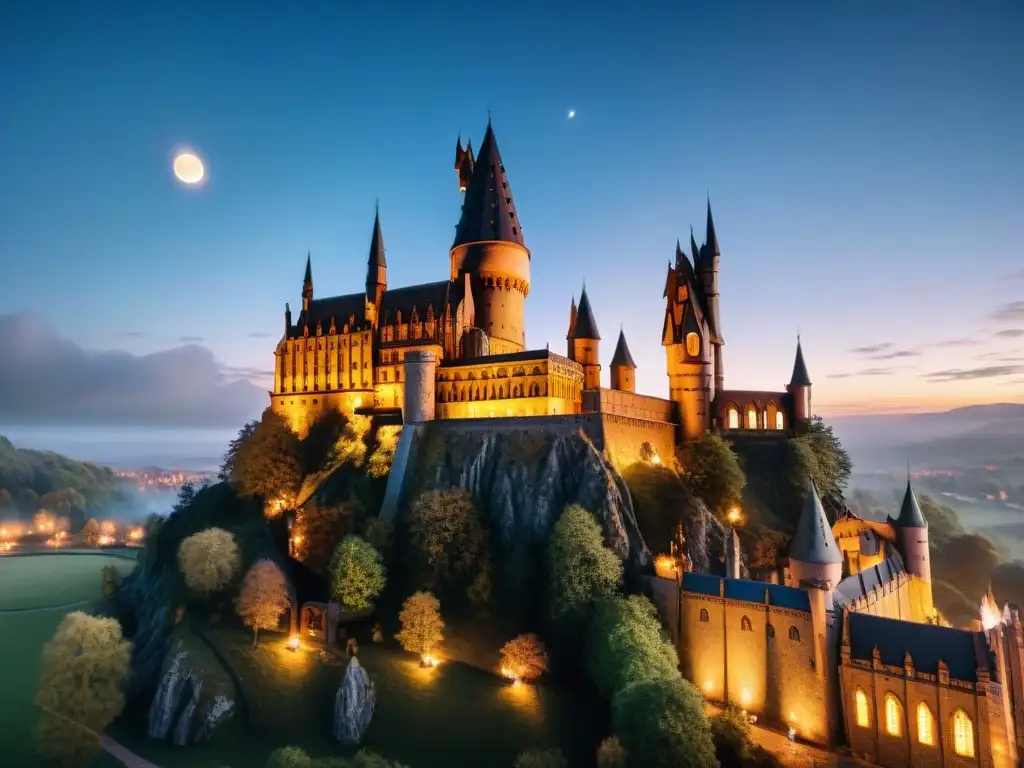 Vista detallada de Hogwarts de noche, iluminado por velas flotantes y aura mágica, con jugadores de Quidditch y Bosque Prohibido