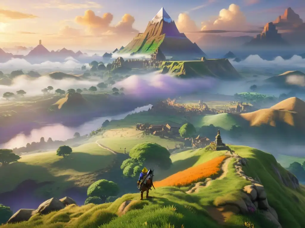 Vista épica de Hyrule desde un acantilado, mostrando la geografía compleja del mundo Zelda al atardecer