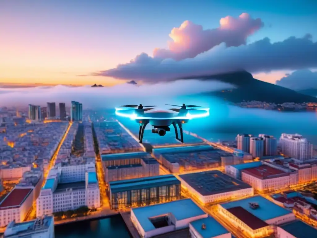 Vista futurista de la ciudad con tecnología de control social, drones y análisis, al estilo PsychoPass