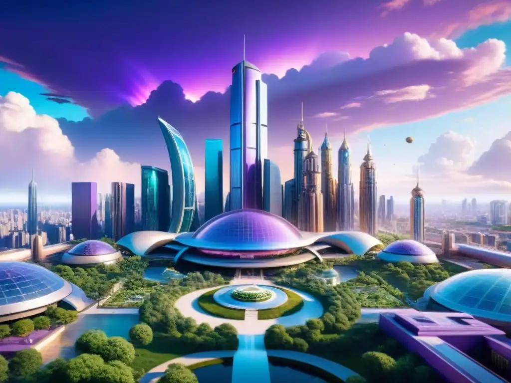 Vista futurista de Metropolis con rascacielos, tecnología avanzada y una población diversa, comparación ciudades utópicas Tomorrowland Metropolis