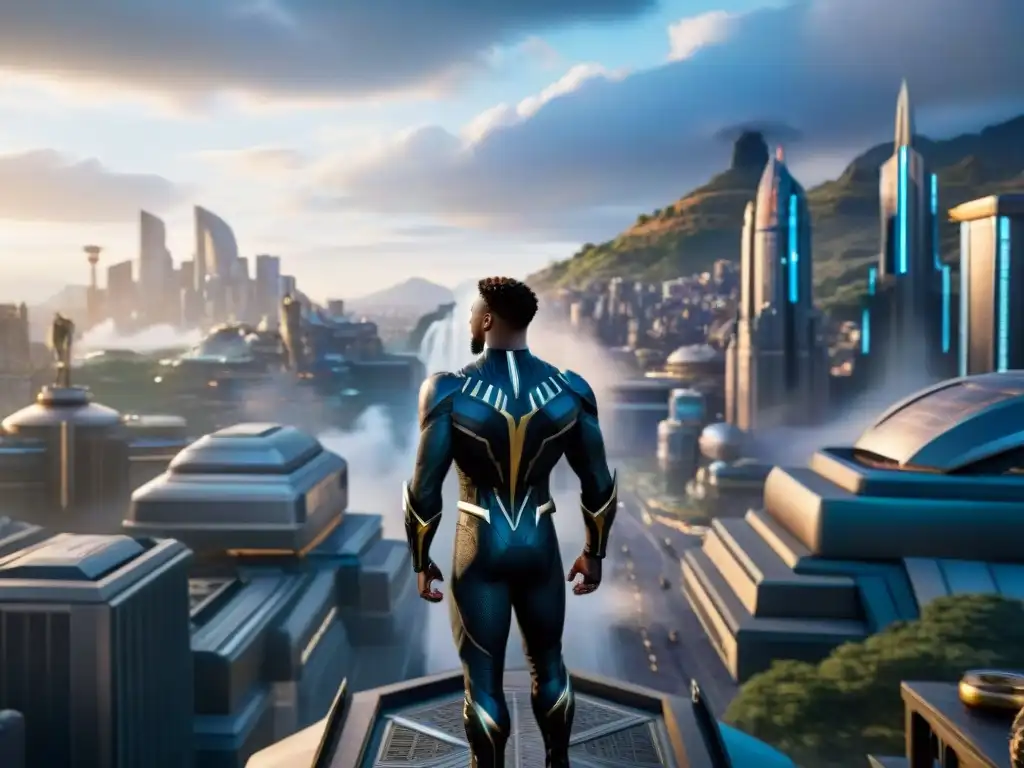 Vista futurista de Wakanda, ciudad de Marvel: tecnología avanzada, rascacielos, calles llenas de gente y minas de vibranium