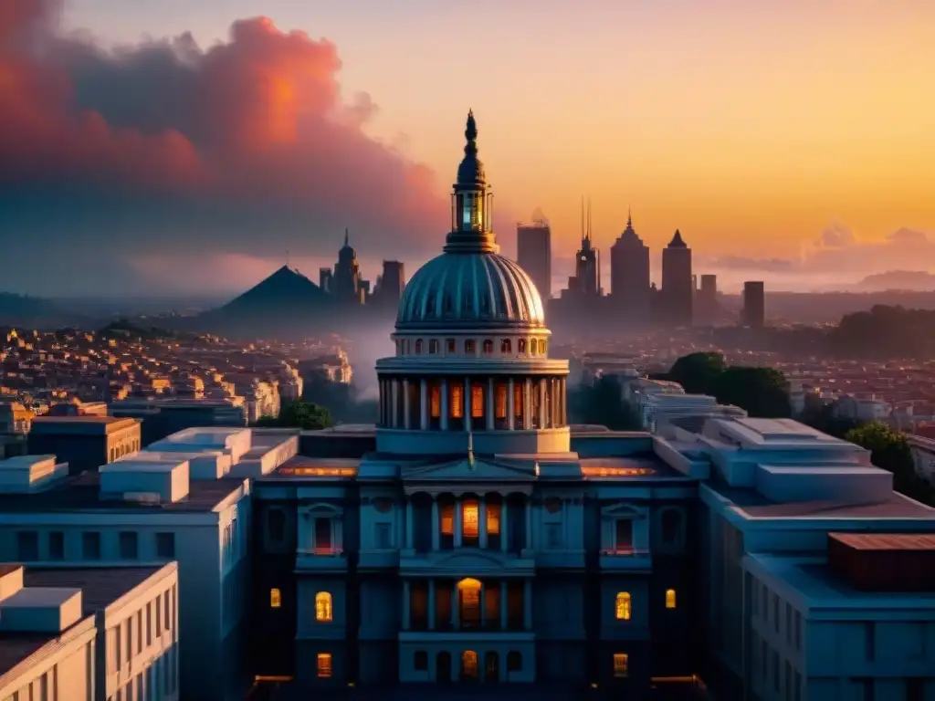 Vista impactante de la ciudad distópica al atardecer, reflejando la desigualdad de 'Los Juegos del Hambre'