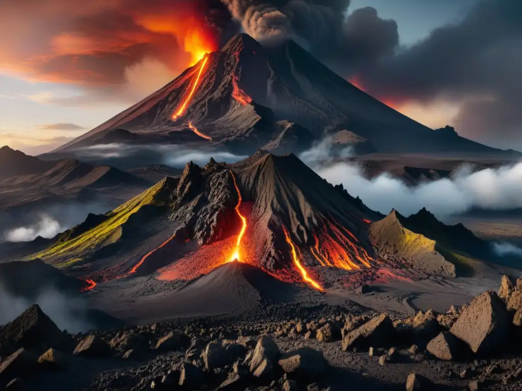 Vista impactante del Monte del Destino en Mordor, con un cielo rojo sangre y lava fluyendo