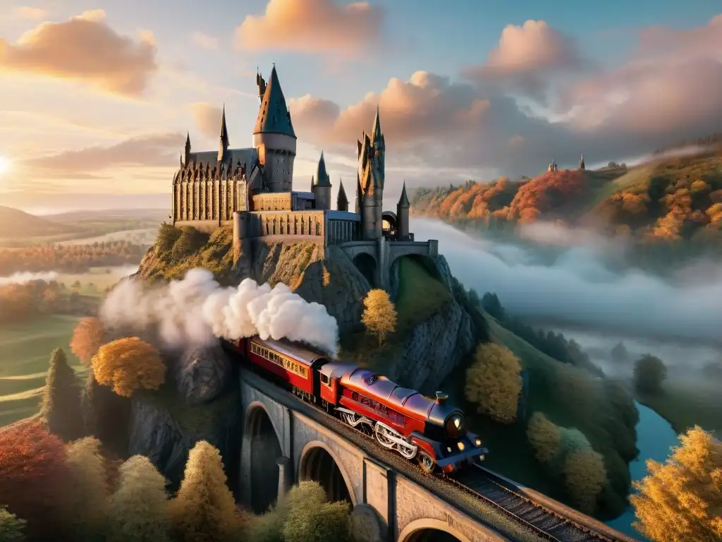 Vista panorámica mágica del castillo de Hogwarts al atardecer con el Expreso de Hogwarts, capturando la esencia mágica de Harry Potter