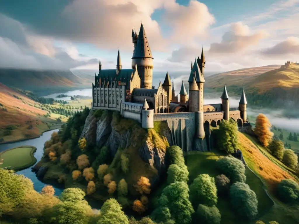 Vista mágica de Hogwarts Castle en un paisaje de colinas verdes y el Lago Negro