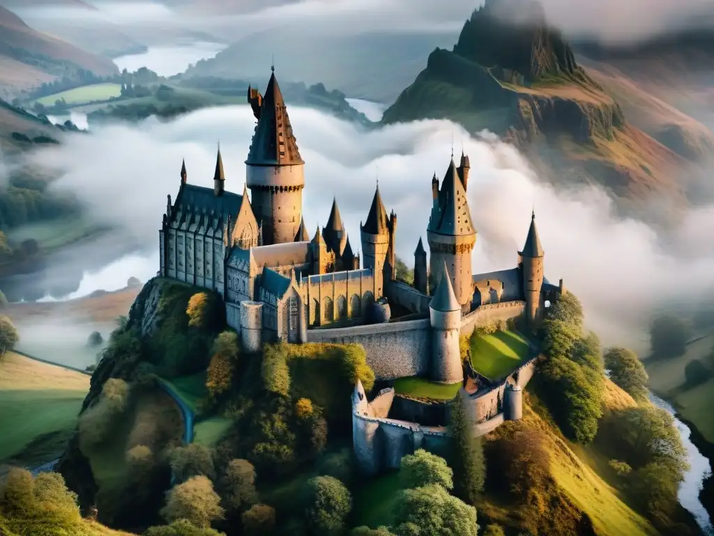 Vista aérea mágica de Hogwarts en las Tierras Altas de Escocia