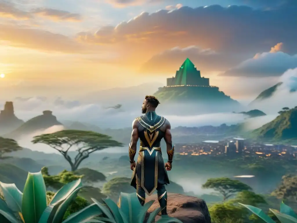 Vista majestuosa del atardecer en Wakanda, fusionando innovación, naturaleza y tradición wakanda análisis mitología