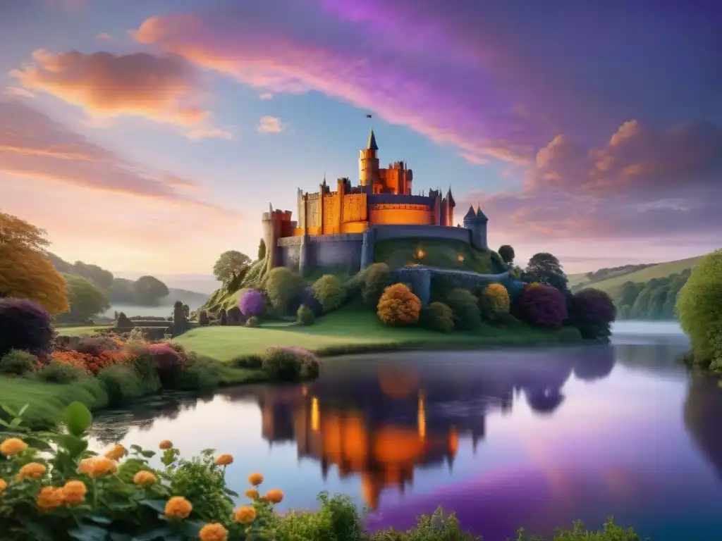 Una vista majestuosa de Camelot al anochecer, con el legendario castillo, la Mesa Redonda y un lago brillante