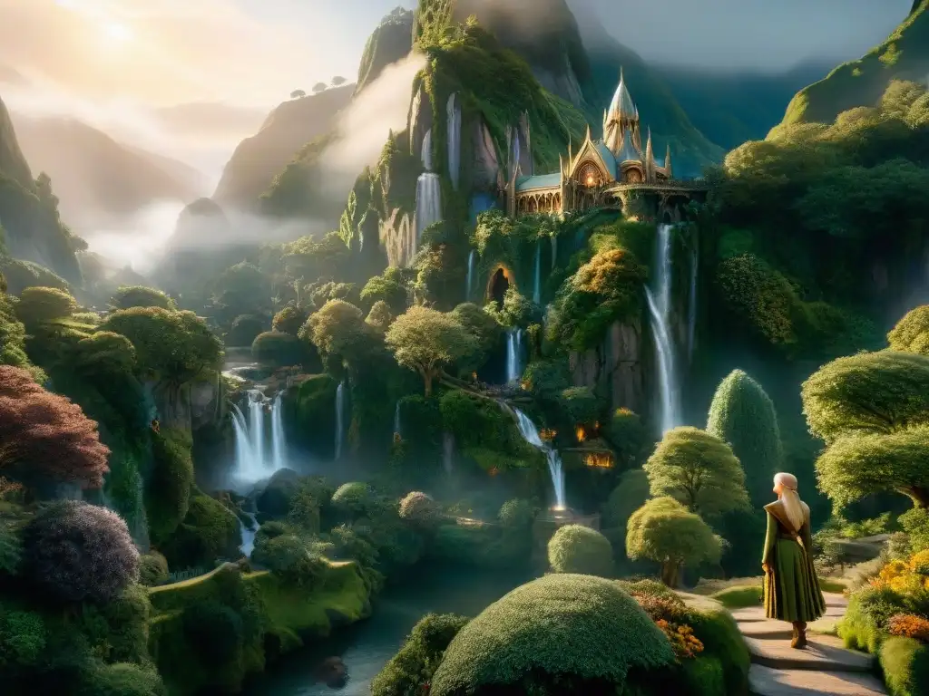 Vista majestuosa de Rivendell al amanecer, con tradiciones de los elfos en El Hobbit