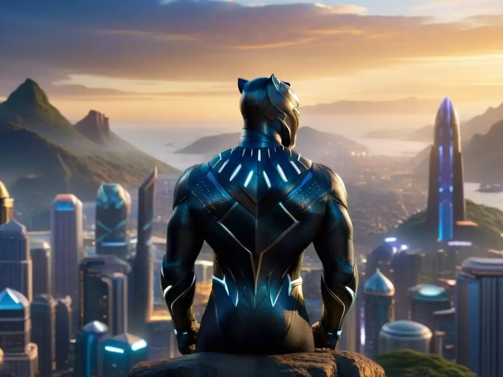 Vista nocturna de la ciudad de Wakanda, mostrando la economía de Black Panther con tecnología avanzada y tradición en armonía