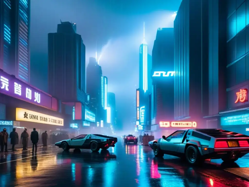 Vista nocturna de ciudad futurista lluviosa con rascacielos iluminados y autos voladores, en un legado estética Blade Runner