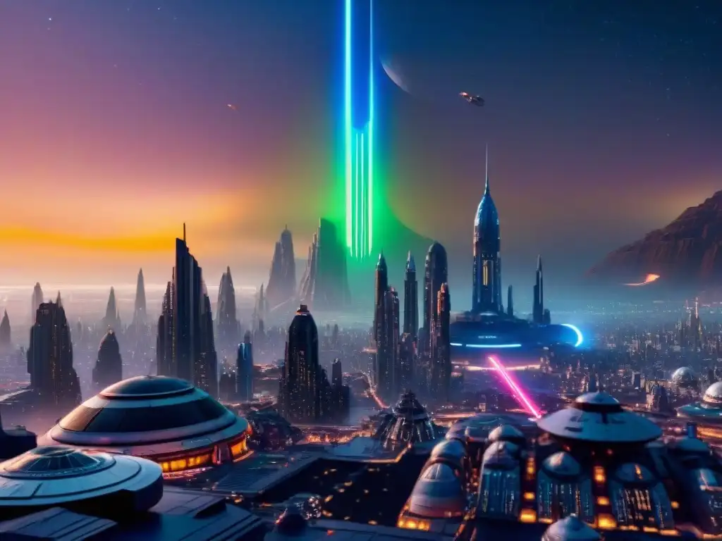 Vista nocturna de Coruscant, la ciudad futurista de Star Wars