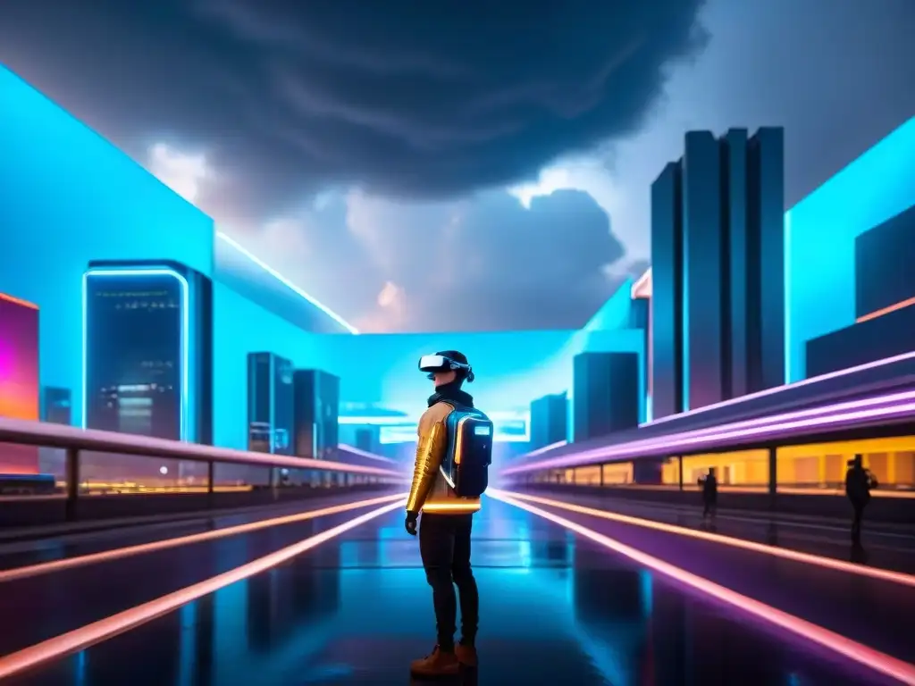 Vista nocturna de ciudad futurista en Black Mirror, con luces de neón y tecnología avanzada